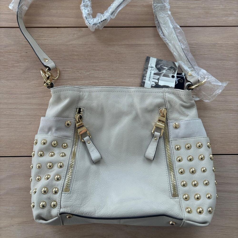 B. Makowsky White Ivory Studded Leather Shoulder Bag - Magnetic Closure NWT